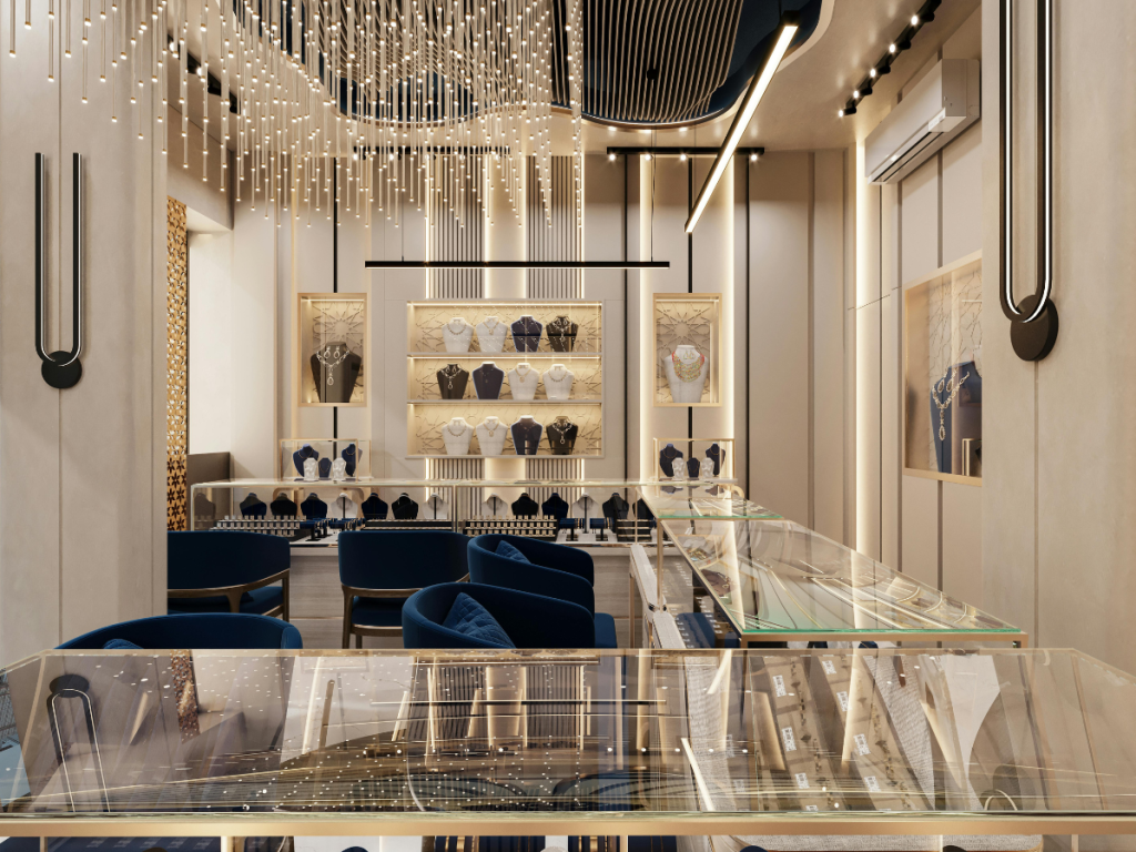 A luxurious and well-lit showroom design with modern glass display cases and ornate light fixtures hanging from the ceiling.