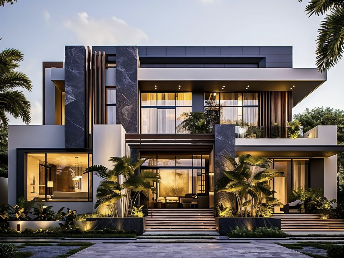 Modern restaurant exterior design featuring stylish architecture, warm lighting, and contemporary outdoor seating